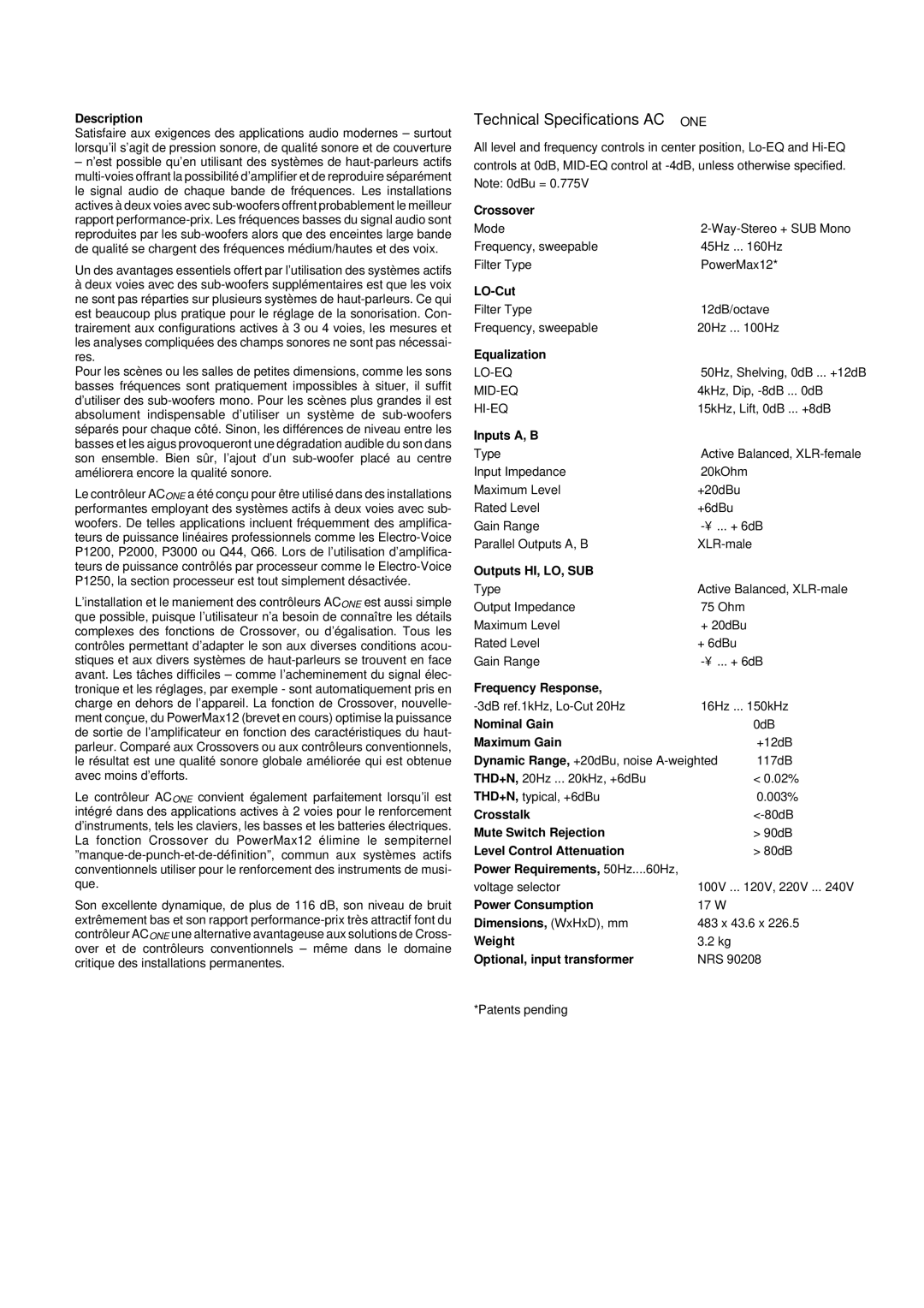 Electro-Voice Stereo System specifications Technical Specifications Acone 