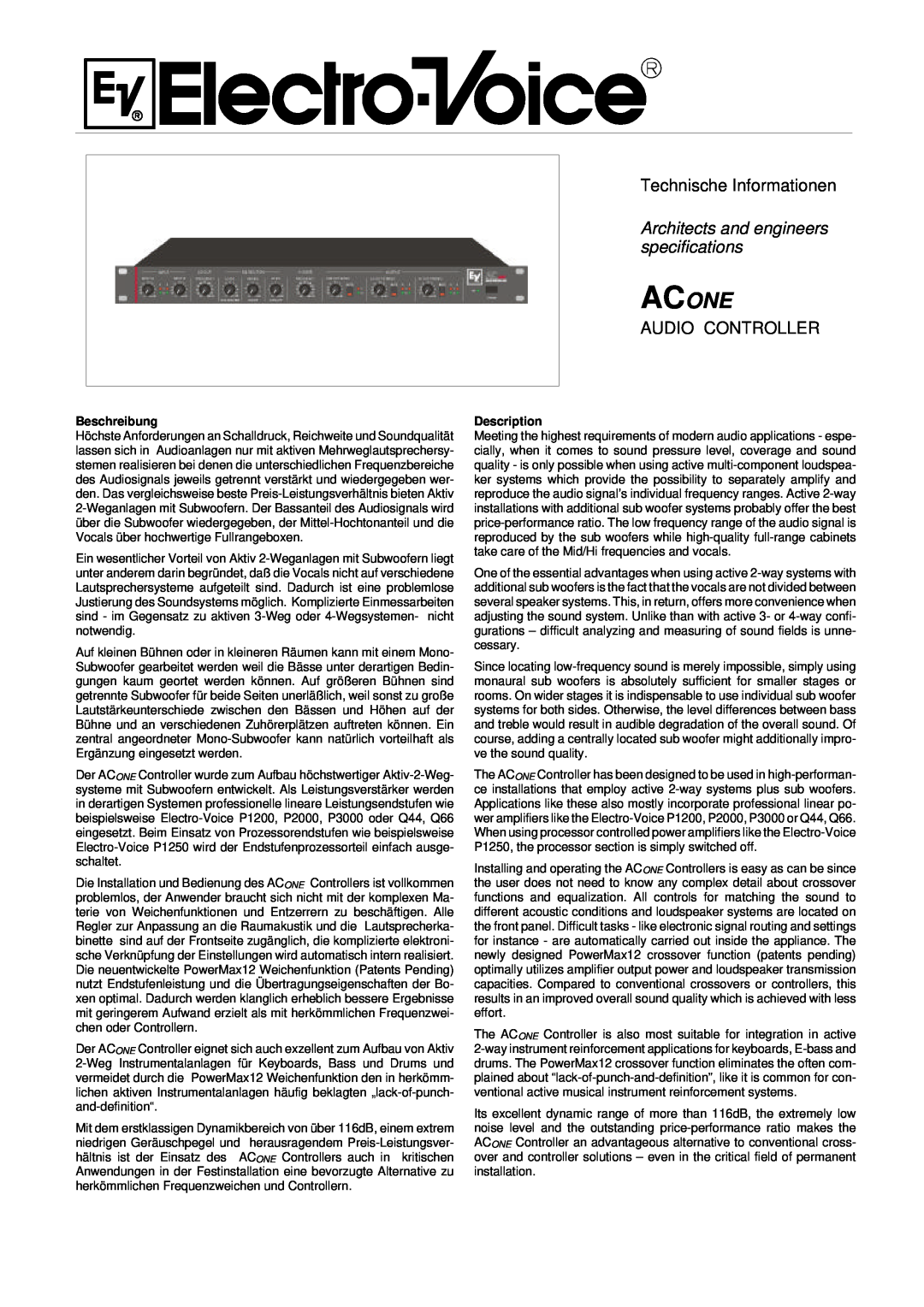Electro-Voice Stereo System specifications Acone, Technische Informationen, Architects and engineers specifications 