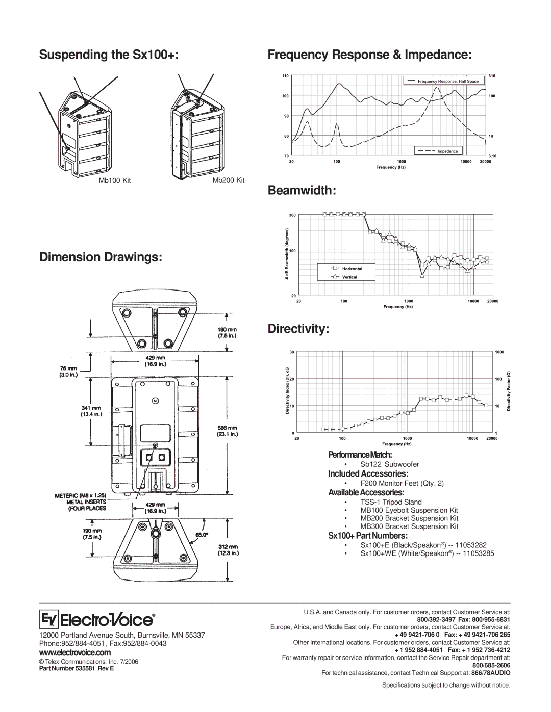 Electro-Voice technical specifications Suspending the Sx100+, Beamwidth Dimension Drawings 