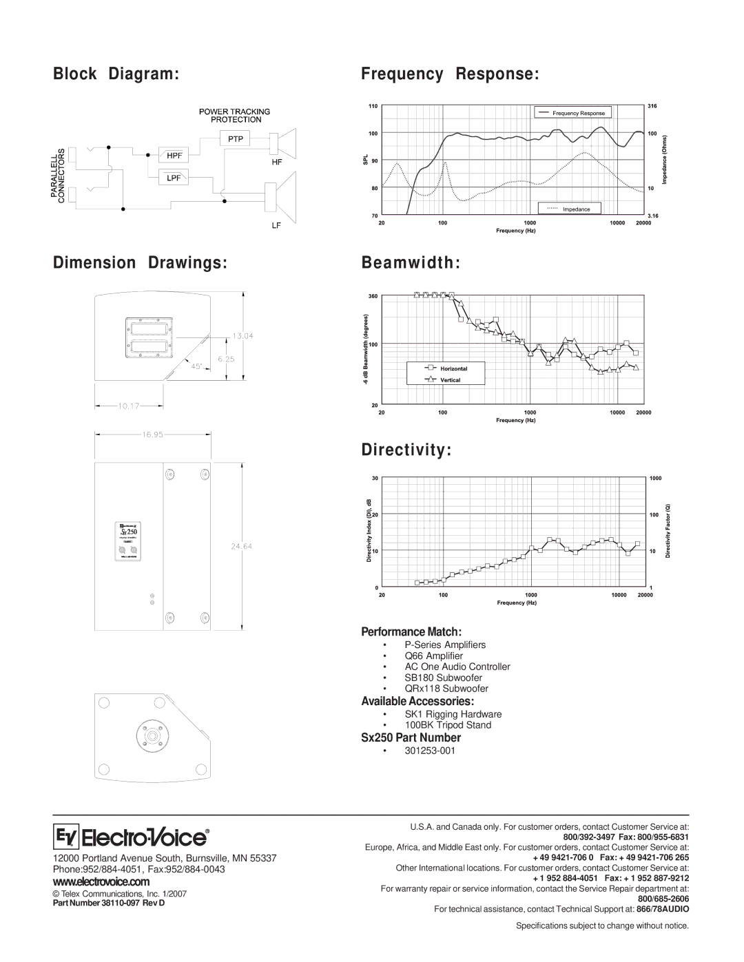 Electro-Voice Sx250 technical specifications Block Diagram Frequency Response, Beamwidth, Part Number 38110-097 Rev D 