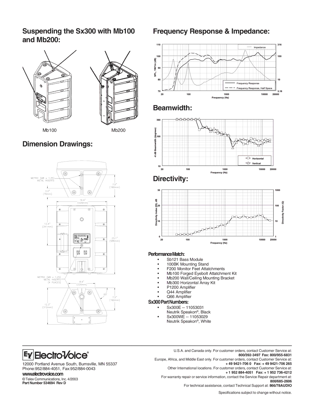 Electro-Voice Suspending the Sx300 with Mb100, Mb200, Dimension Drawings Directivity, PerformanceMatch 