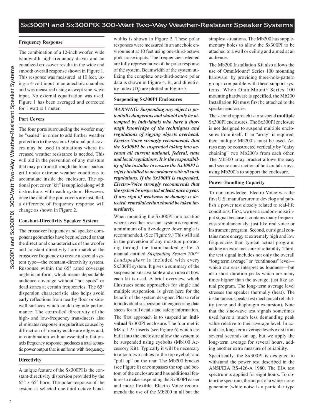 Electro-Voice SX300PI Frequency Response, Port Covers, Constant-Directivity Speaker System, Suspending Sx300PI Enclosures 