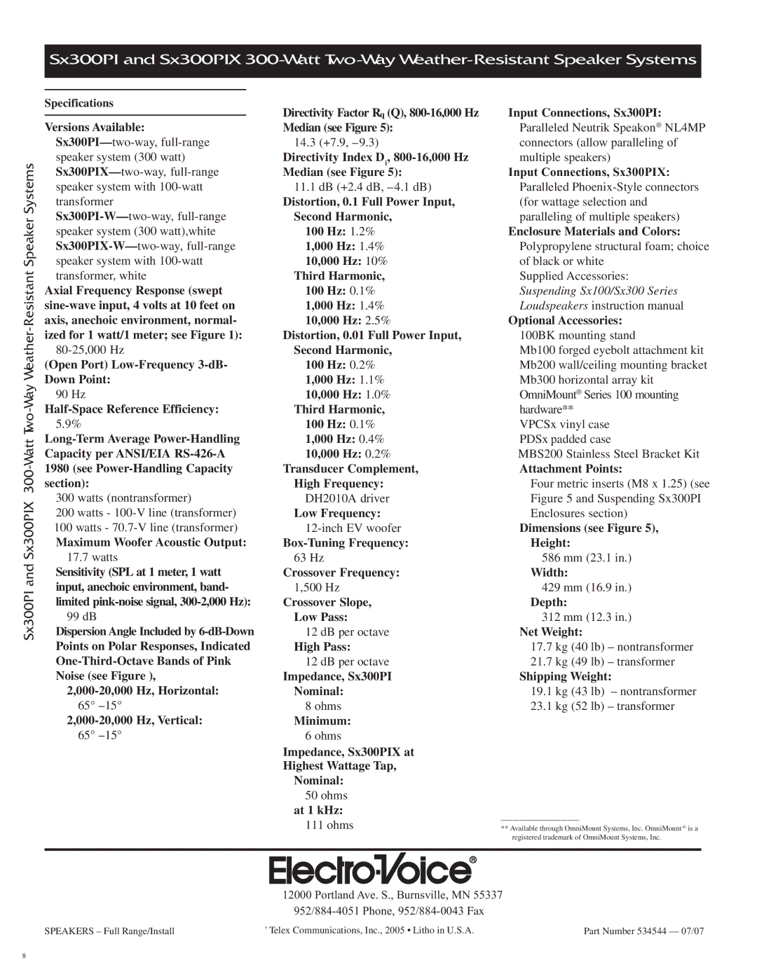 Electro-Voice SX300PIX specifications Suspending Sx100/Sx300 Series 