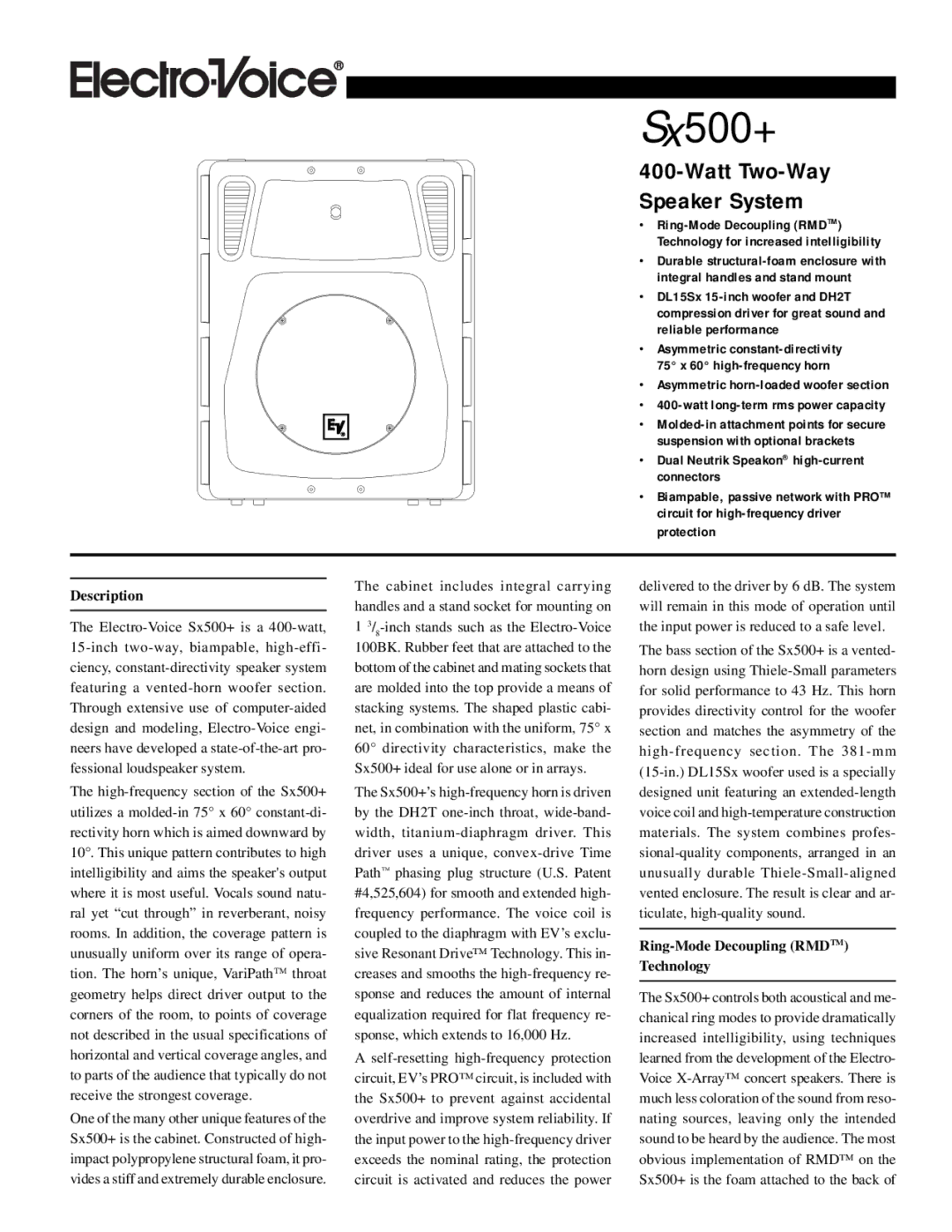 Electro-Voice Sx500+ specifications Description, Ring-Mode Decoupling Rmdtm Technology 