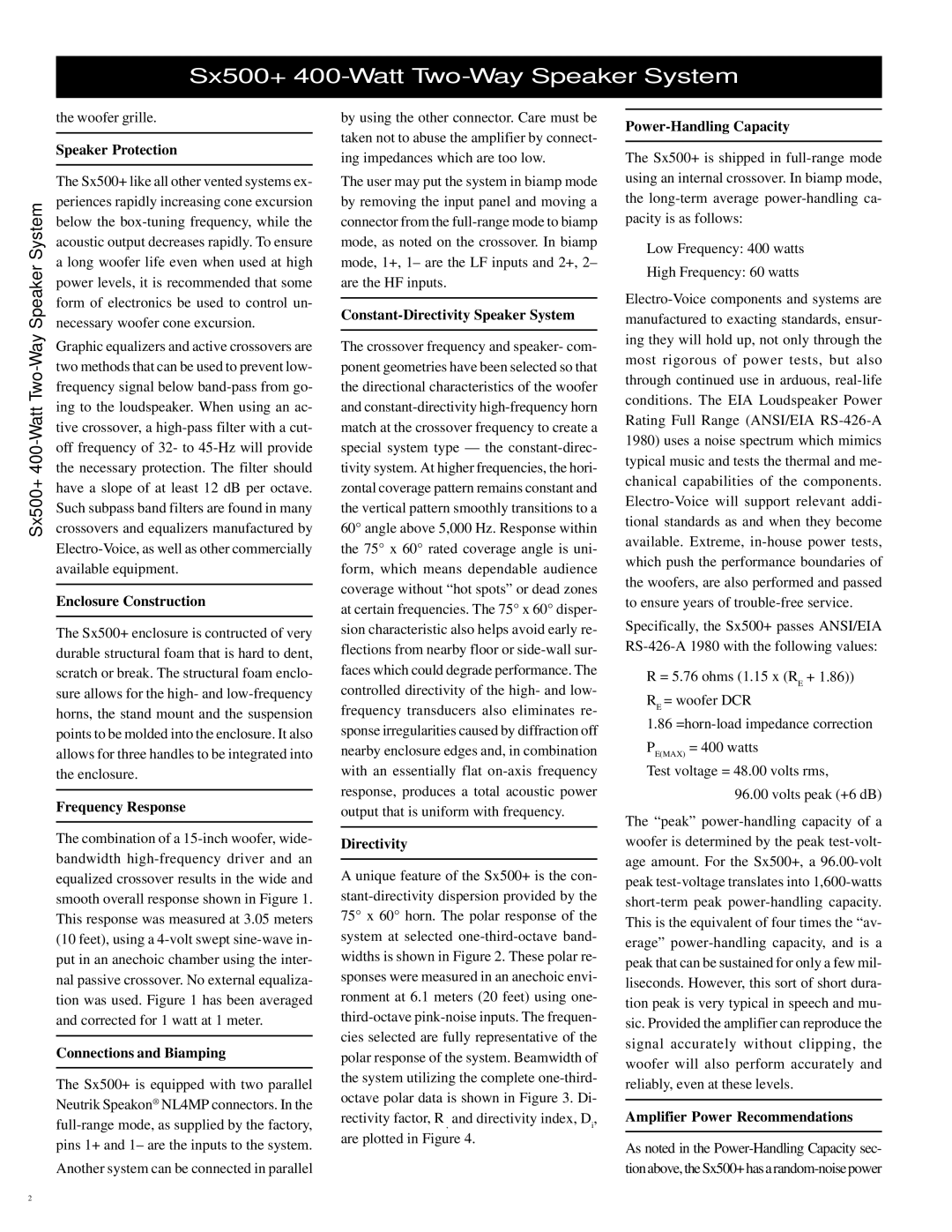 Electro-Voice Sx500+ Speaker Protection, Enclosure Construction, Frequency Response, Connections and Biamping, Directivity 