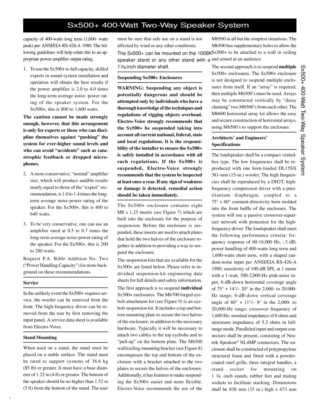 Electro-Voice Service, Stand Mounting, Suspending Sx500+ Enclosures, Architects’ and Engineers’ Specifications 