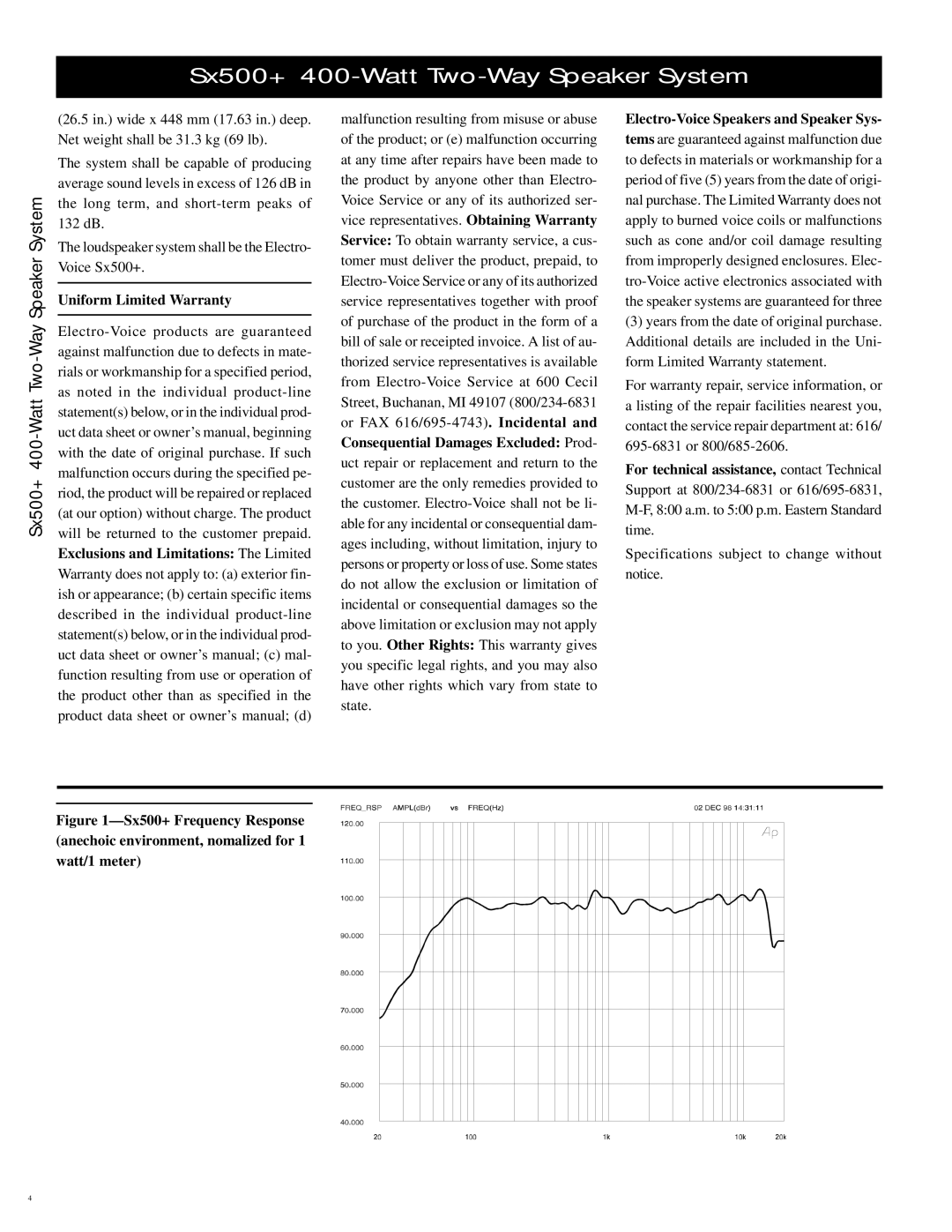 Electro-Voice Sx500+ specifications Uniform Limited Warranty, Electro-Voice Speakers and Speaker Sys 