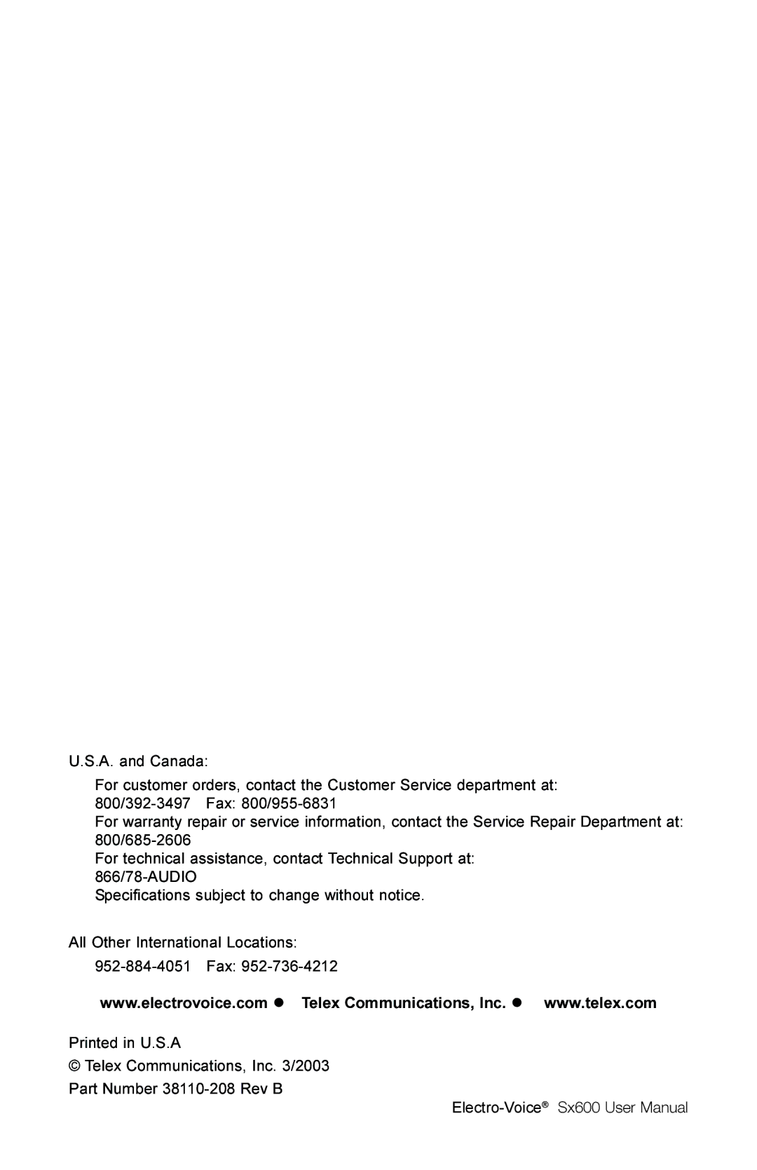 Electro-Voice Sx600 user manual Electro-Voice 