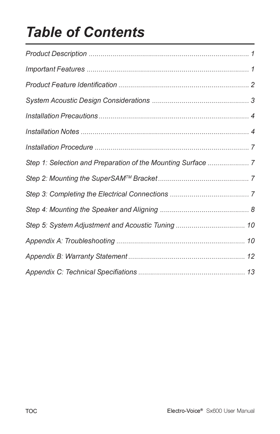 Electro-Voice Sx600 user manual Table of Contents 