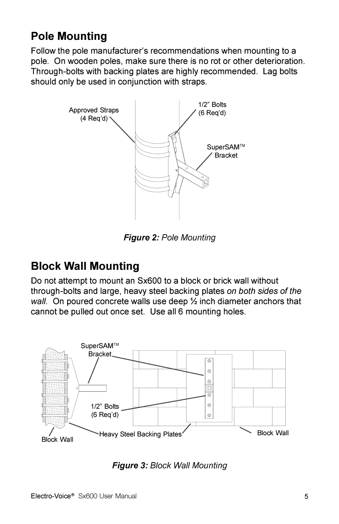 Electro-Voice Sx600 user manual Pole Mounting, Block Wall Mounting 