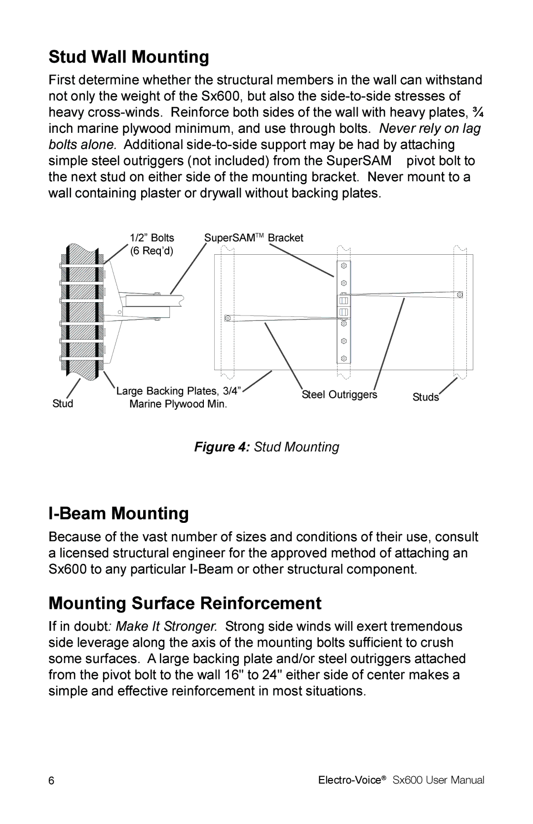 Electro-Voice Sx600 user manual Stud Wall Mounting, Beam Mounting, Mounting Surface Reinforcement 