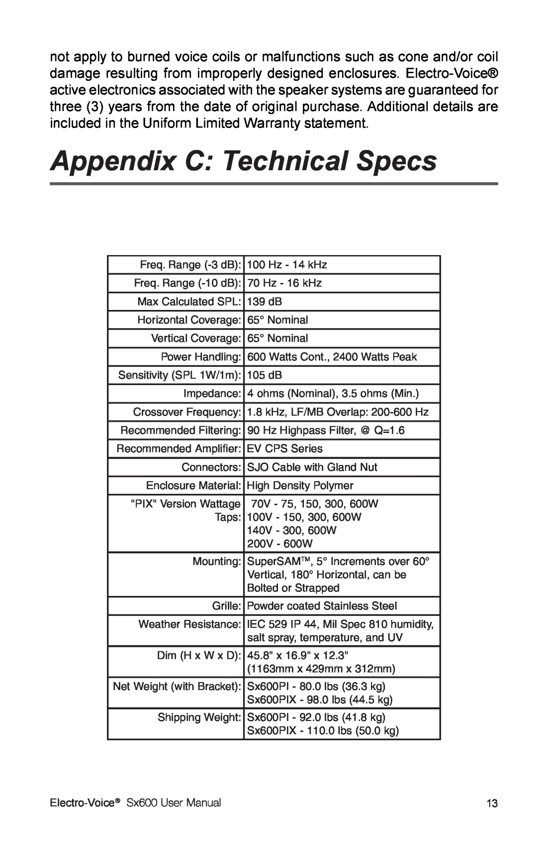 Electro-Voice Sx600 user manual Appendix C Technical Specs, Electro-Voice 