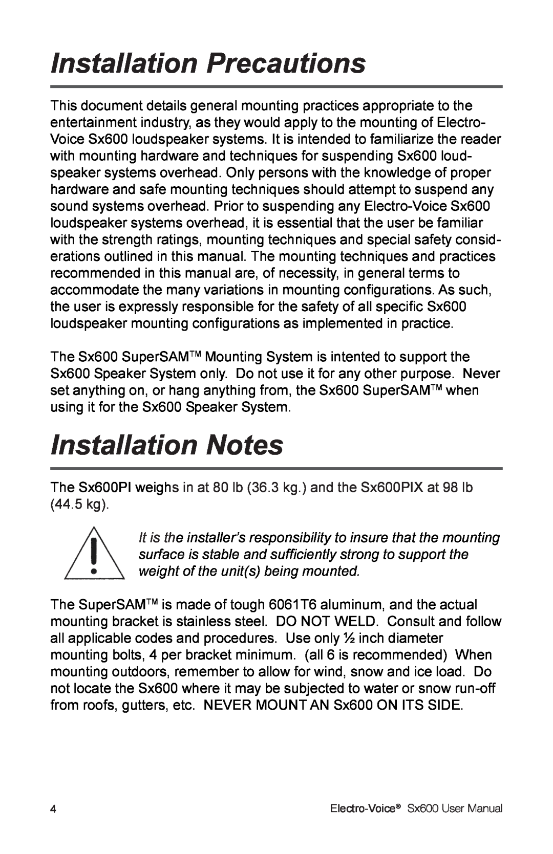 Electro-Voice Sx600 user manual Installation Precautions, Installation Notes, Electro-Voice 
