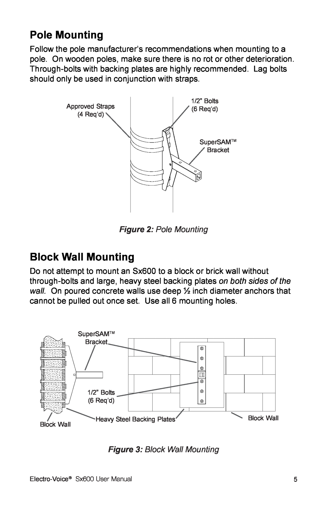 Electro-Voice Sx600 user manual Pole Mounting, Block Wall Mounting, Electro-Voice 