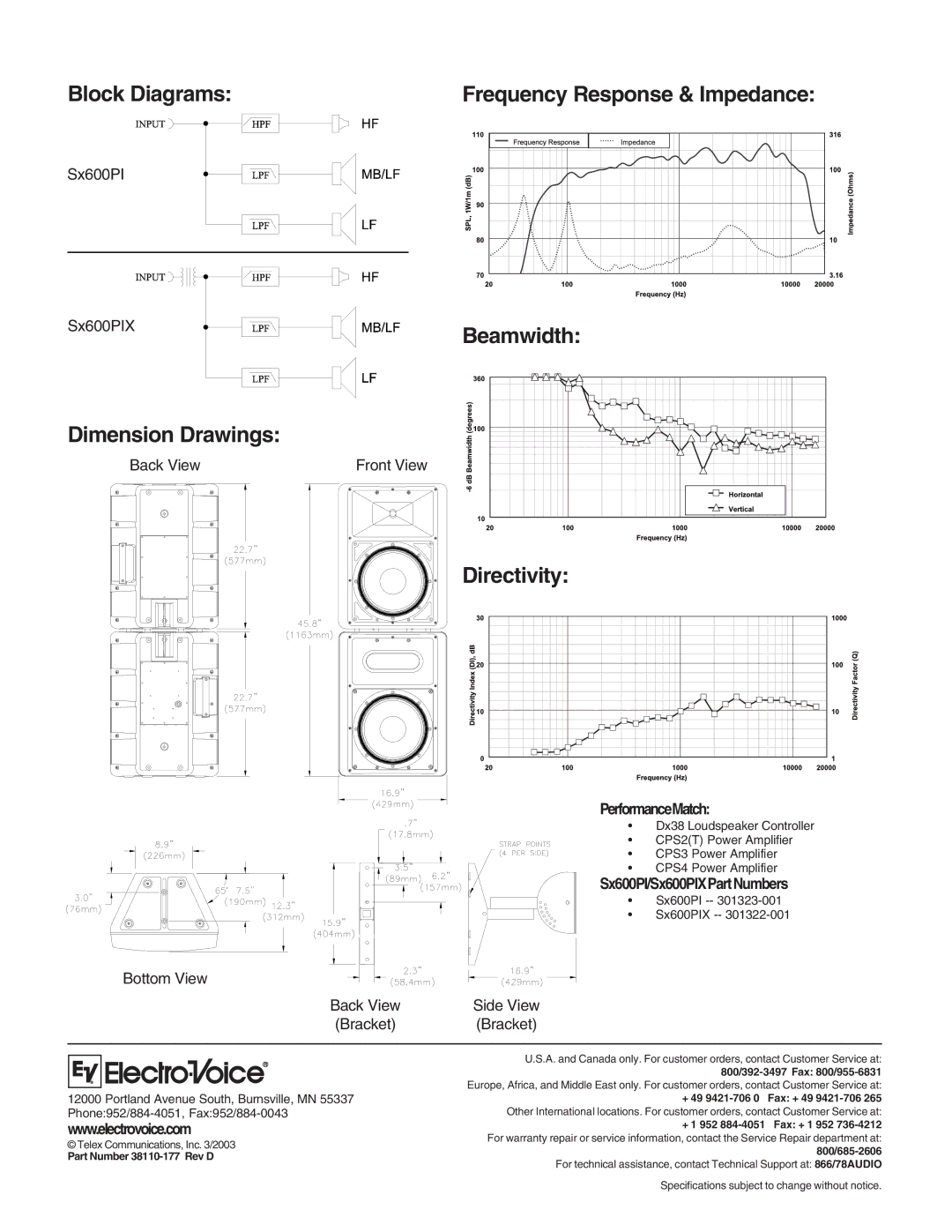 Electro-Voice Dimension Drawings, PerformanceMatch, Sx600PI/Sx600PIXPartNumbers, Part Number 38110-177 Rev D 