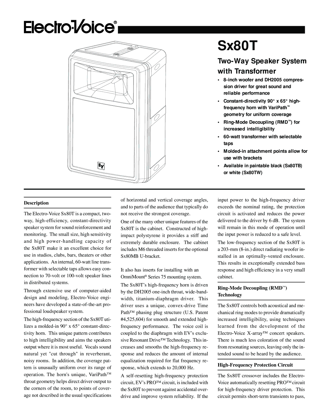 Electro-Voice SX80T specifications Description, Ring-Mode Decoupling RMD Technology, High-Frequency Protection Circuit 