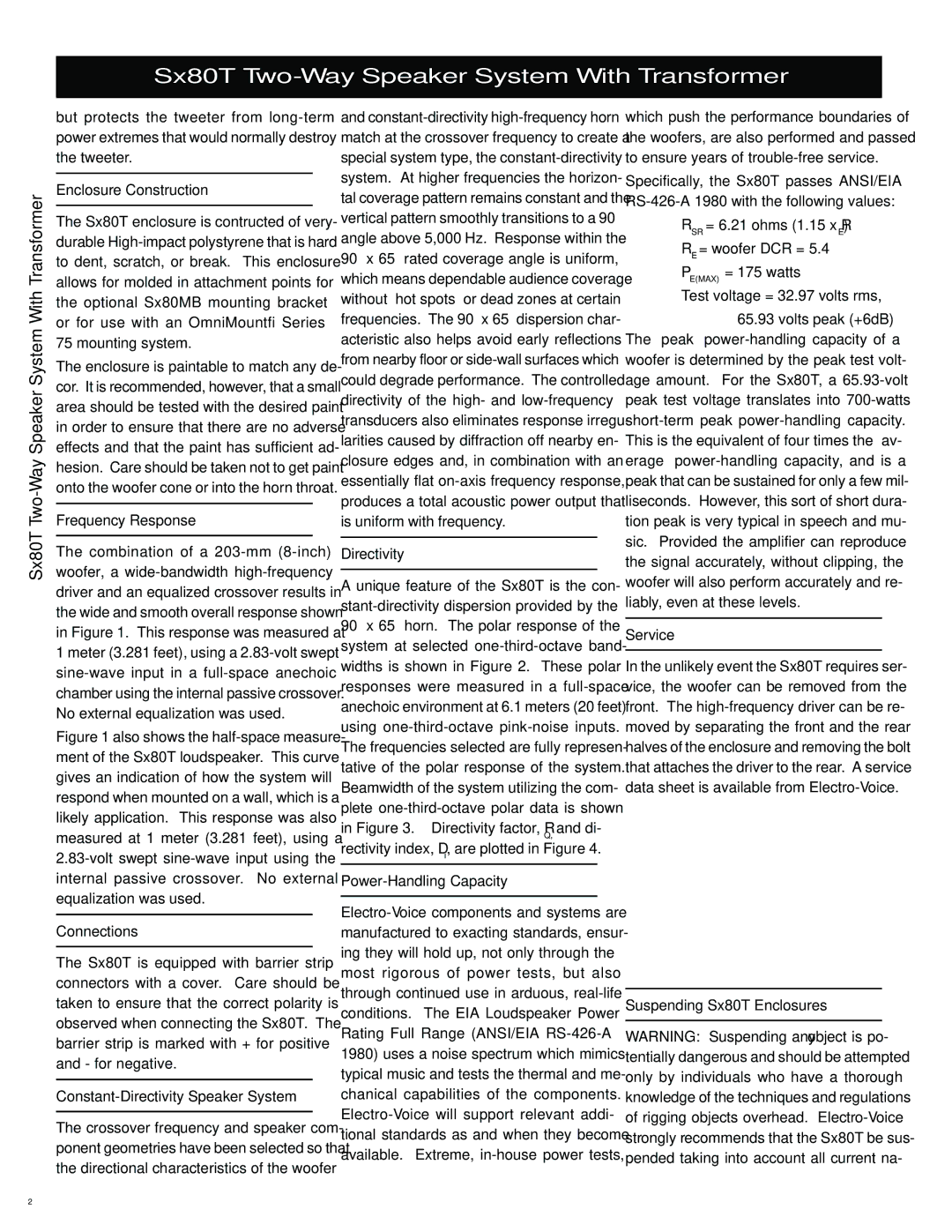 Electro-Voice SX80T Enclosure Construction, Frequency Response, Connections, Constant-Directivity Speaker System, Service 