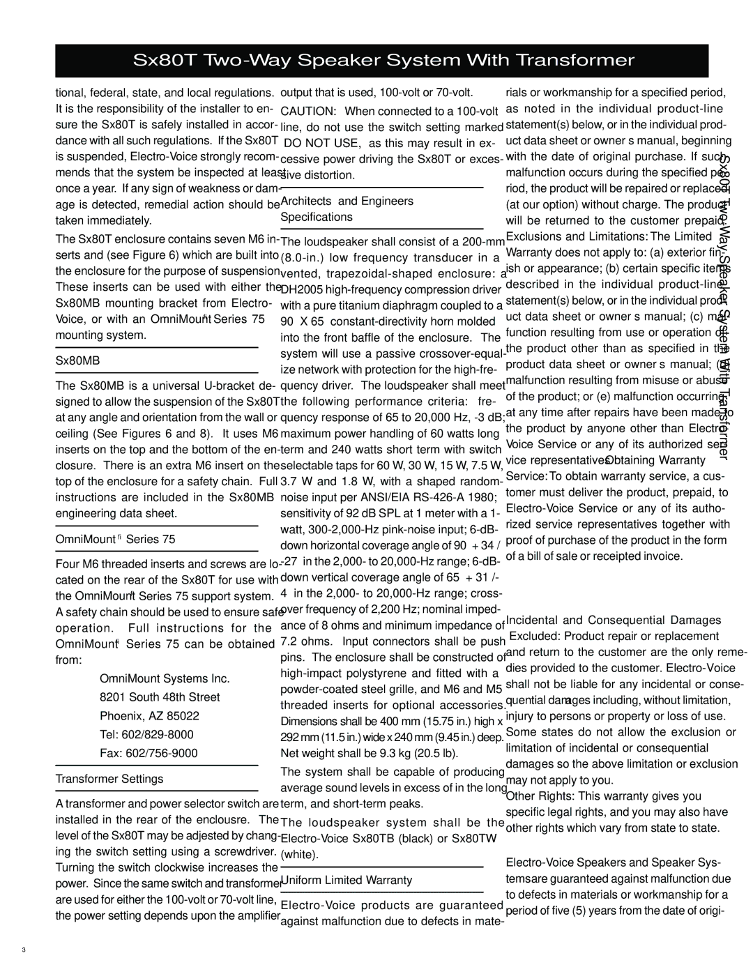 Electro-Voice SX80T Sx80MB, OmniMount Series, Transformer Settings, Architects’ and Engineers’ Specifications 