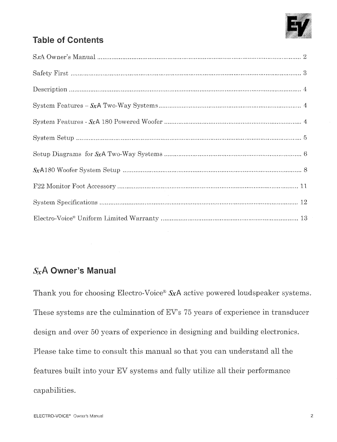 Electro-Voice SxA Series manual 