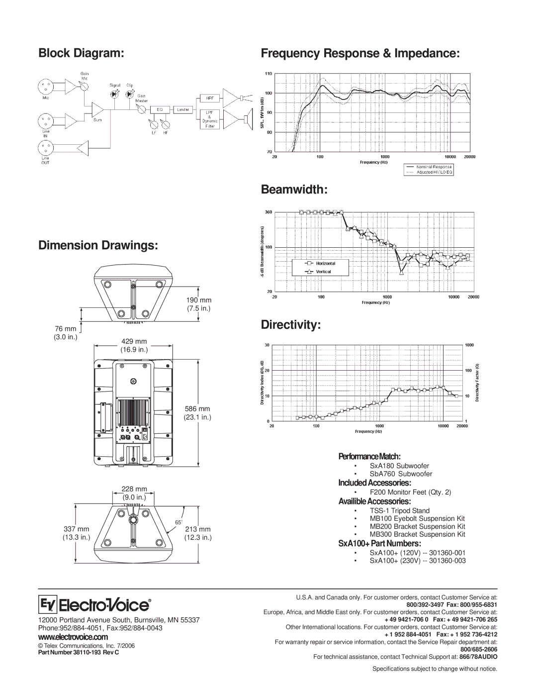 Electro-Voice SxA100+ technical specifications Block Diagram, Beamwidth Dimension Drawings, Directivity 