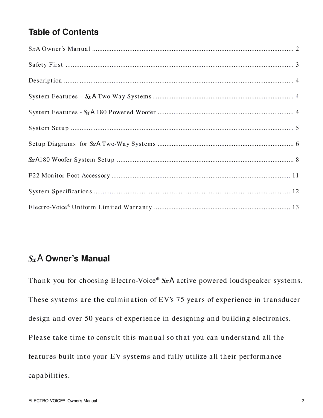 Electro-Voice SxA100+ owner manual Table of Contents 