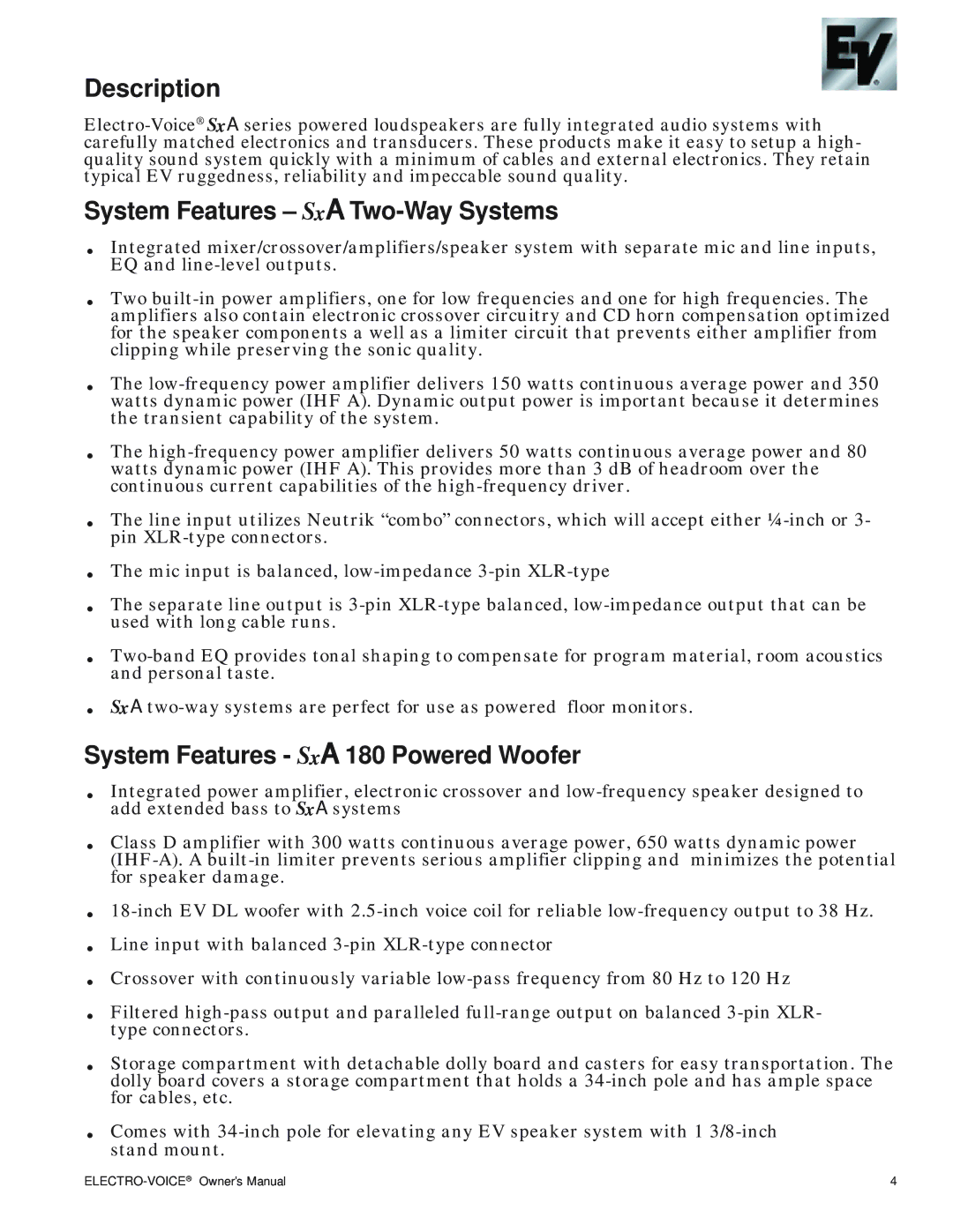 Electro-Voice SxA100+ owner manual Description, System Features SxA Two-Way Systems, System Features SxA 180 Powered Woofer 