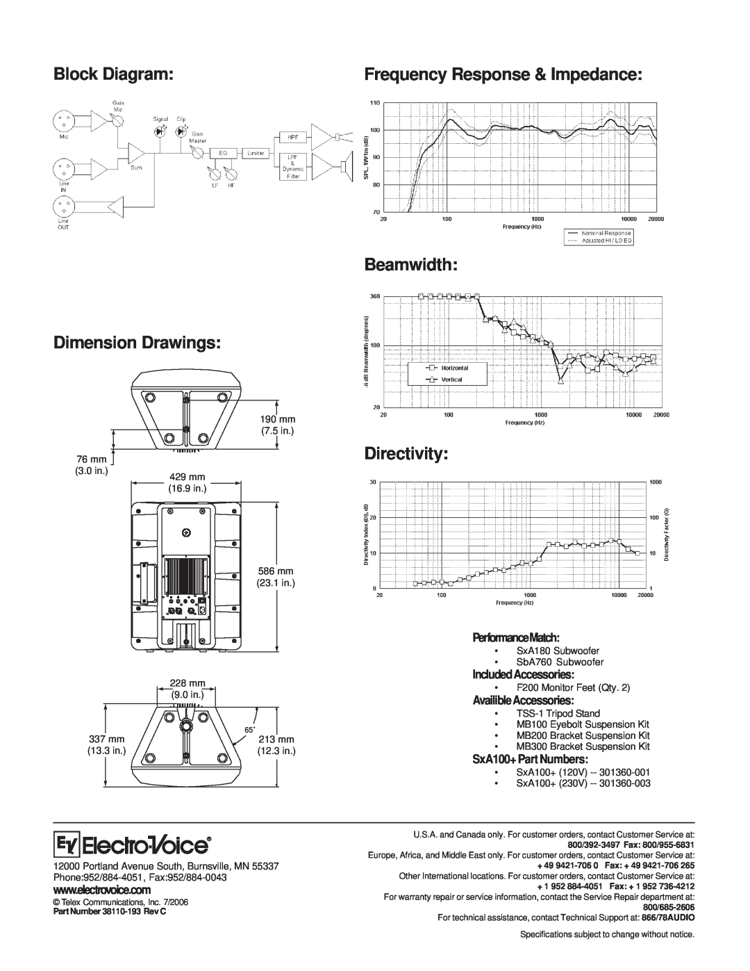 Electro-Voice SxA100+ Block Diagram, Beamwidth Dimension Drawings, Directivity, Frequency Response & Impedance 