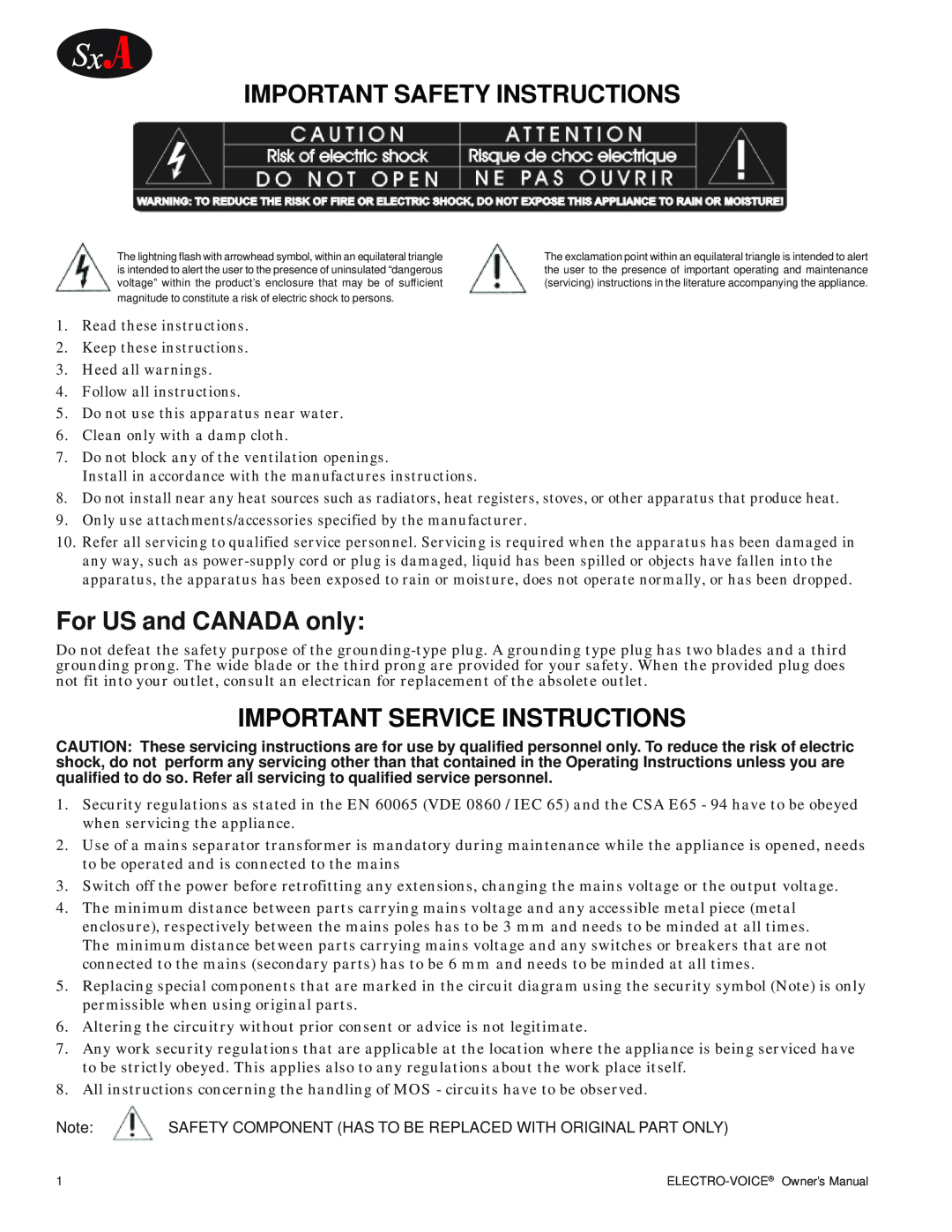 Electro-Voice SxA100+ owner manual Important Safety Instructions, For US and CANADA only, Important Service Instructions 