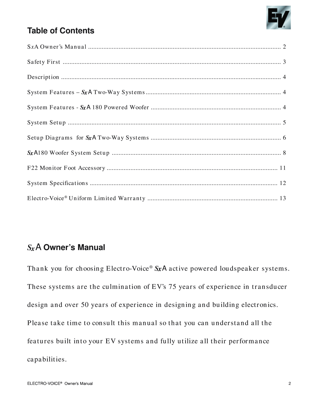 Electro-Voice SxA100+ owner manual Table of Contents 
