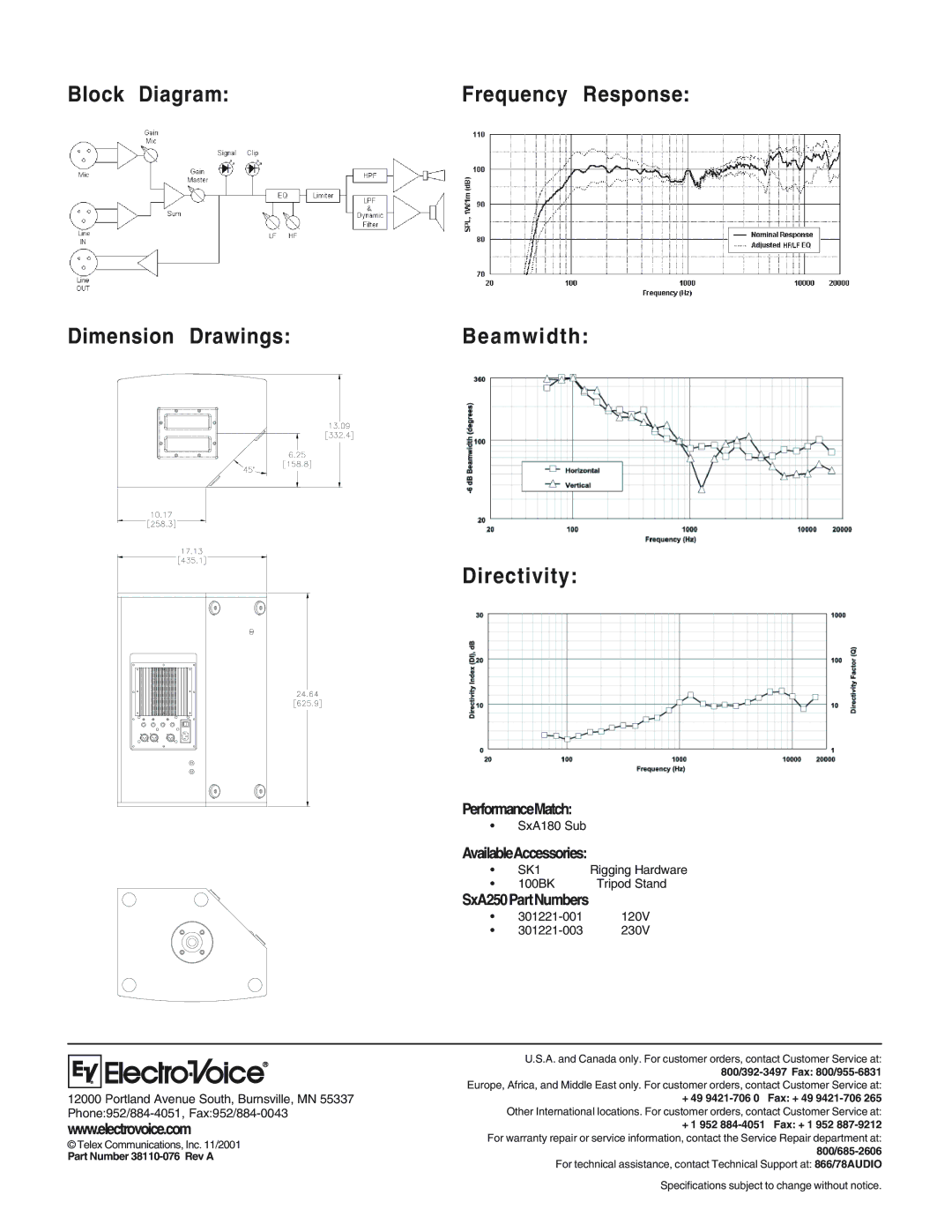 Electro-Voice SxA250 Block Diagram, Dimension Drawings, Directivity, PerformanceMatch, AvailableAccessories 