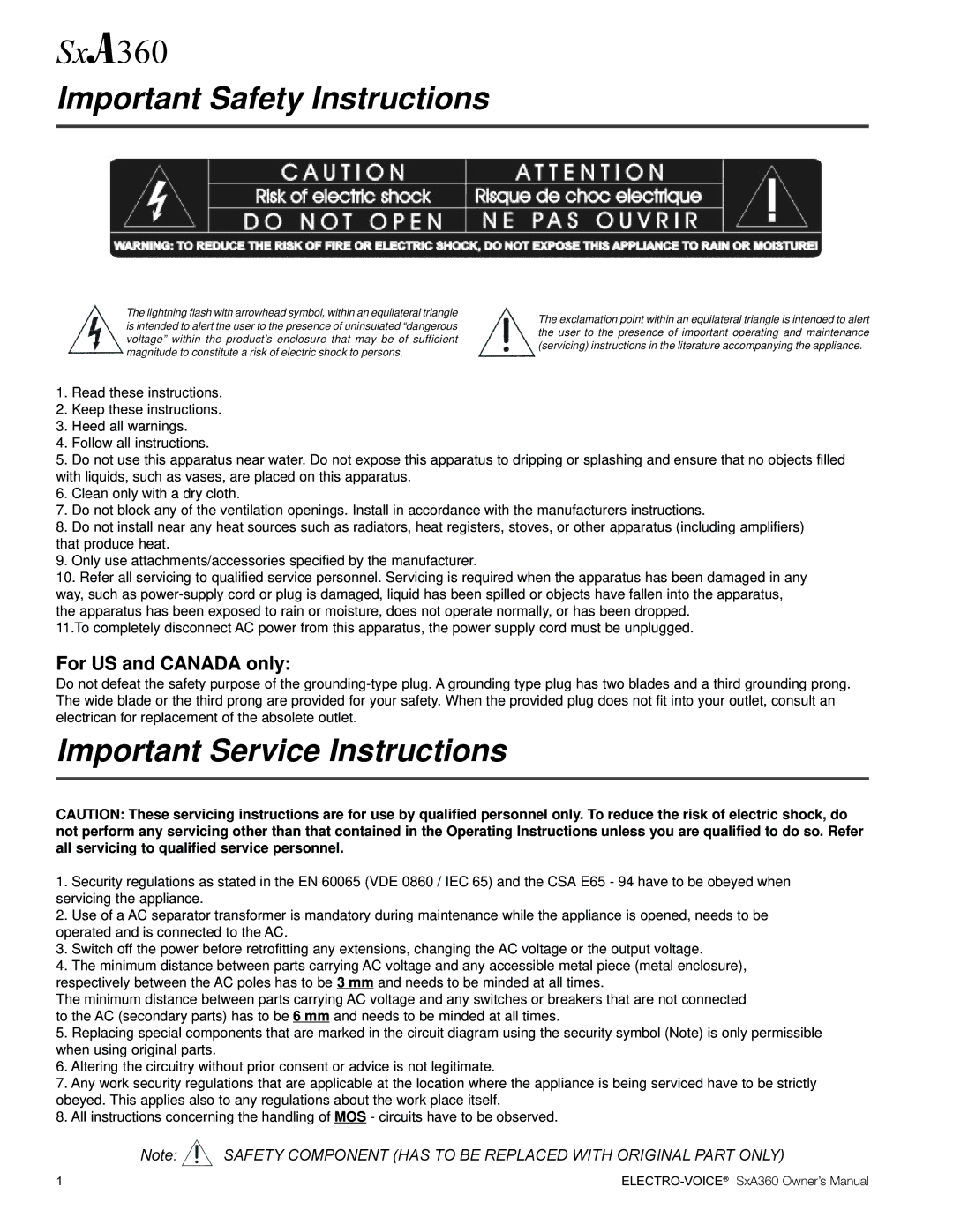 Electro-Voice SxA360 manual Important Safety Instructions, Important Service Instructions 