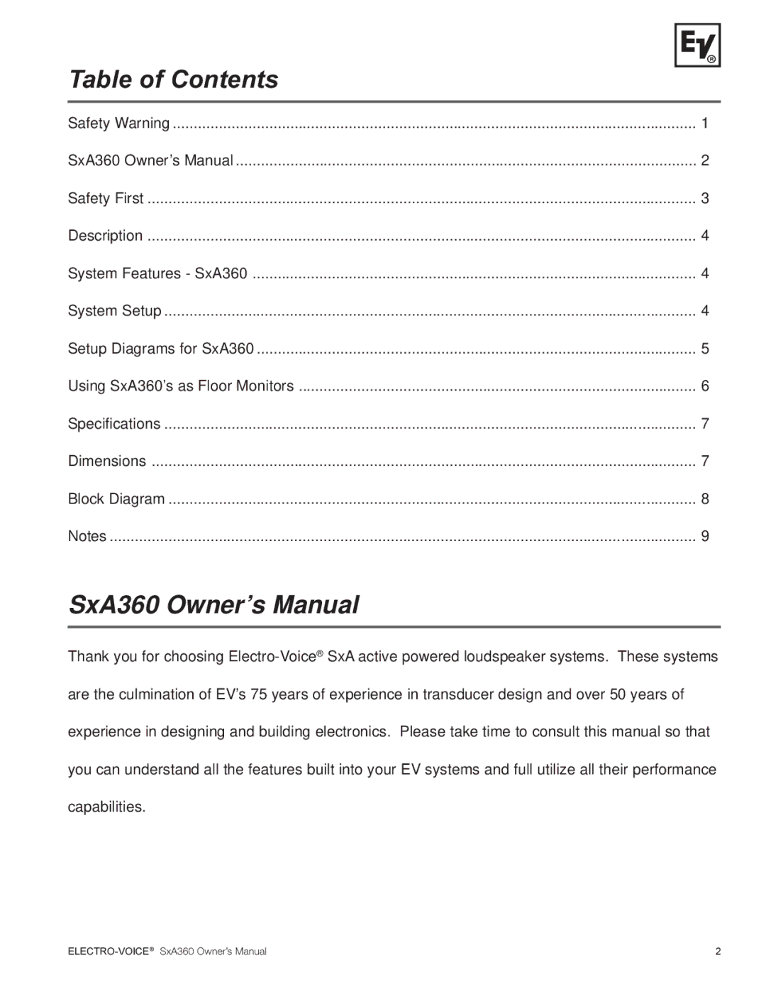 Electro-Voice SxA360 manual Table of Contents 