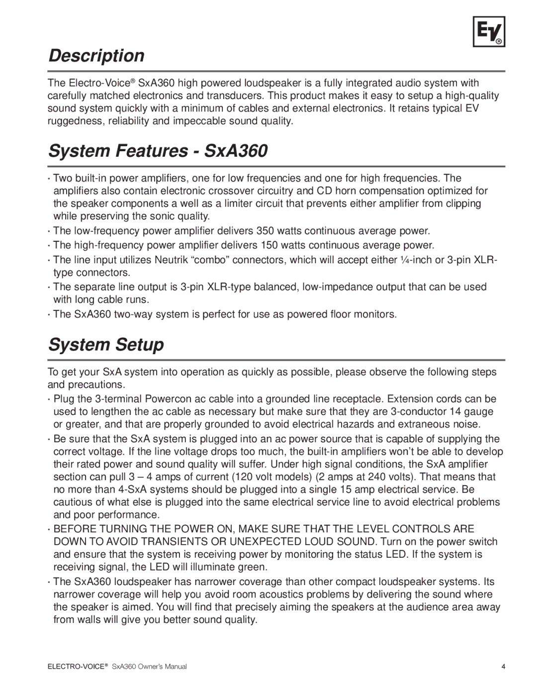 Electro-Voice manual Description, System Features SxA360, System Setup 