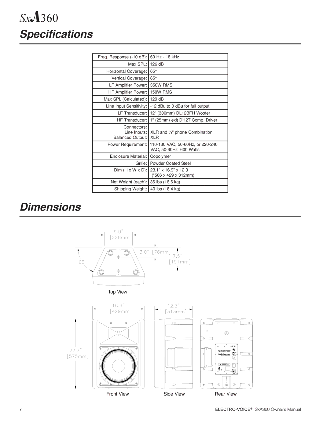 Electro-Voice SxA360 manual Specifications, Dimensions 