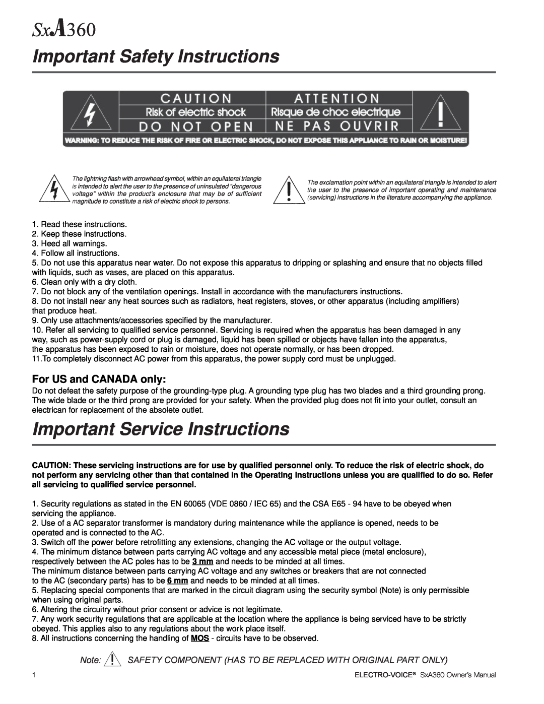 Electro-Voice SxA360 Important Safety Instructions, Important Service Instructions, For US and CANADA only, Electro-Voice 
