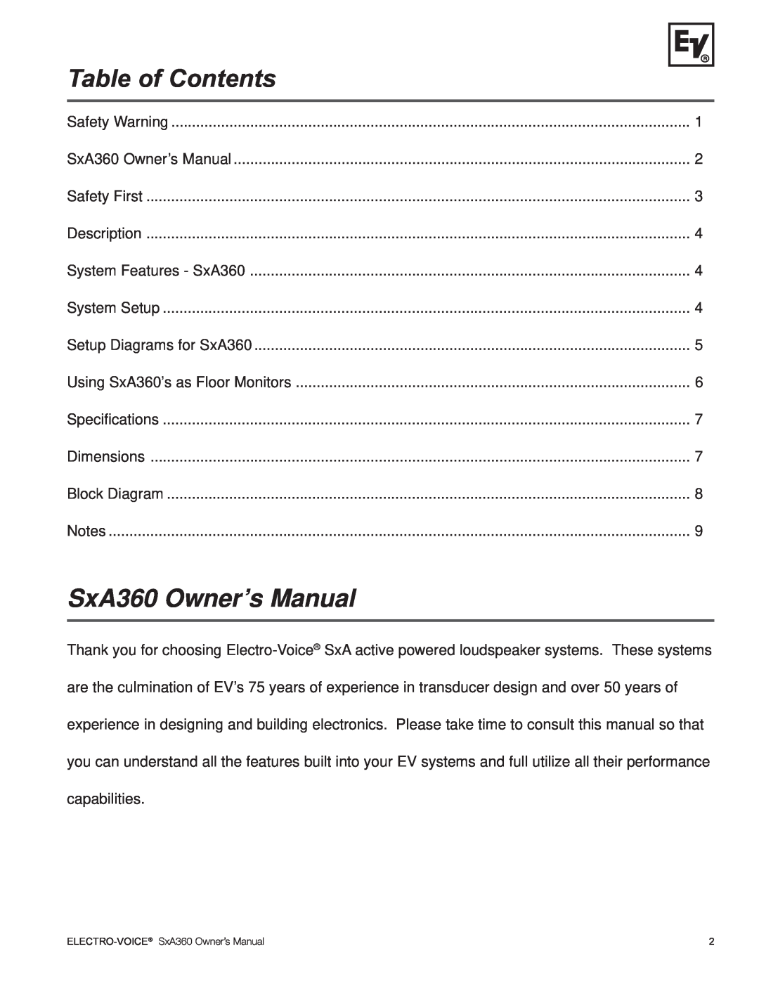 Electro-Voice SxA360 manual Electro-Voice, Table of Contents 