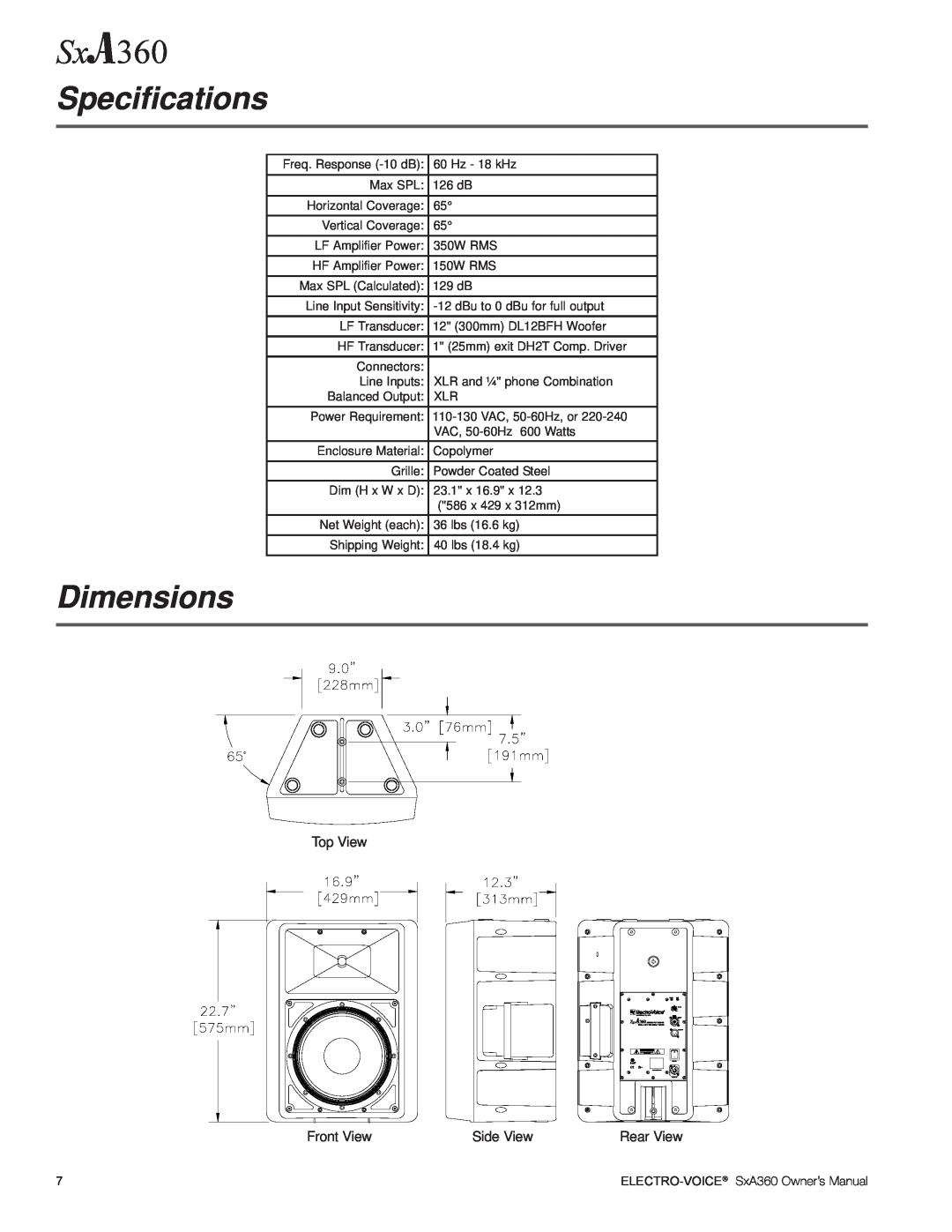 Electro-Voice SxA360 manual Specifications, Dimensions, Top View, Front View, Side View, Electro-Voice 