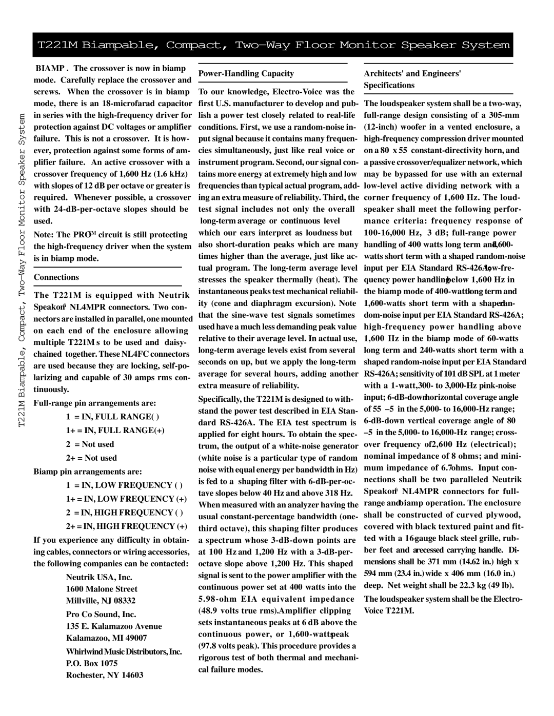 Electro-Voice T221M manual Connections, Neutrik USA, Inc, Pro Co Sound, Inc, Whirlwind Music Distributors, Inc 