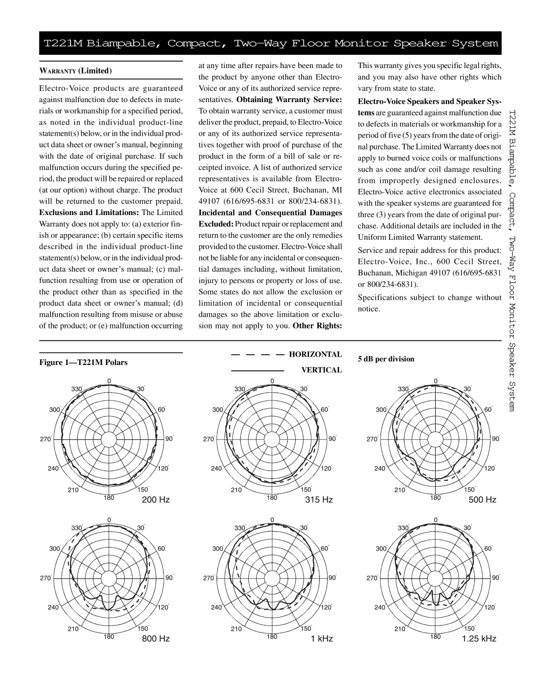Electro-Voice T221M manual Warranty Limited, Incidental and Consequential Damages, Electro-Voice Speakers and Speaker Sys 