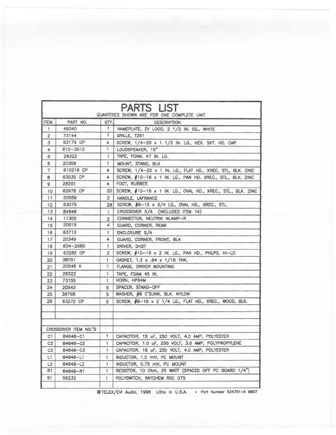 Electro-Voice T251 manual 