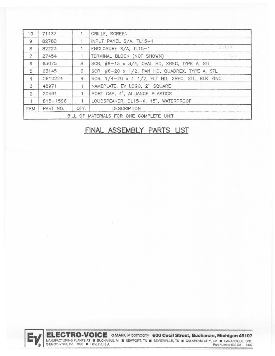 Electro-Voice TL15-1 manual 