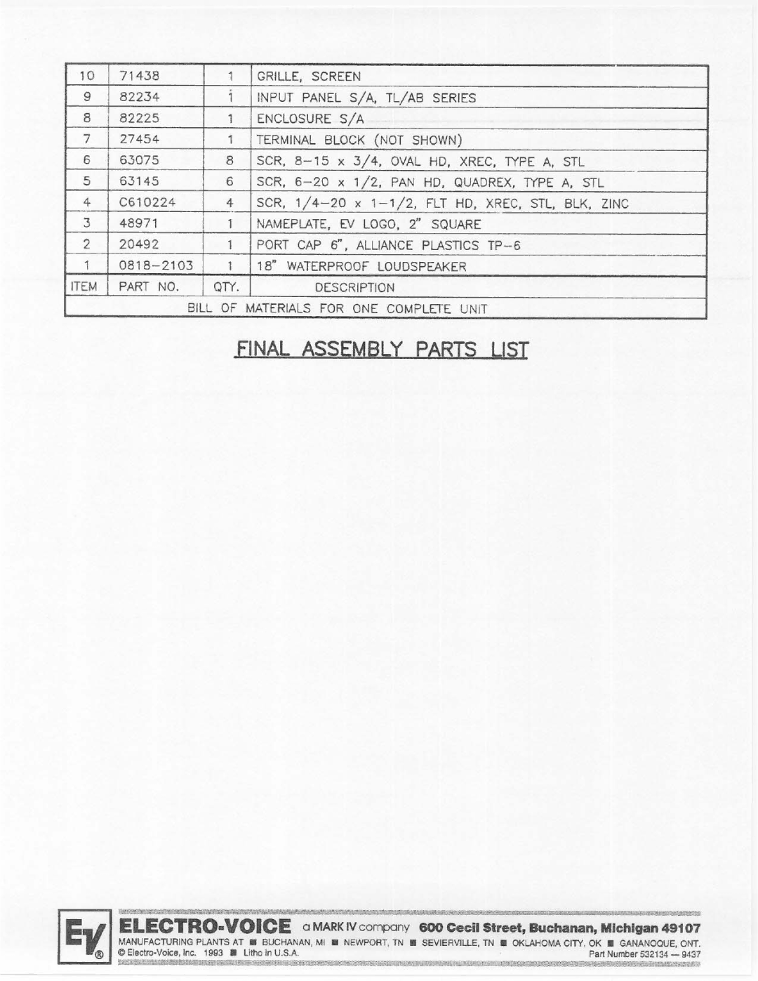 Electro-Voice TL18-1 manual 