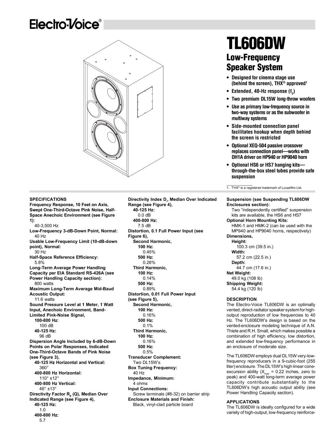 Electro-Voice TL606DW specifications Specifications, Description, Applications 