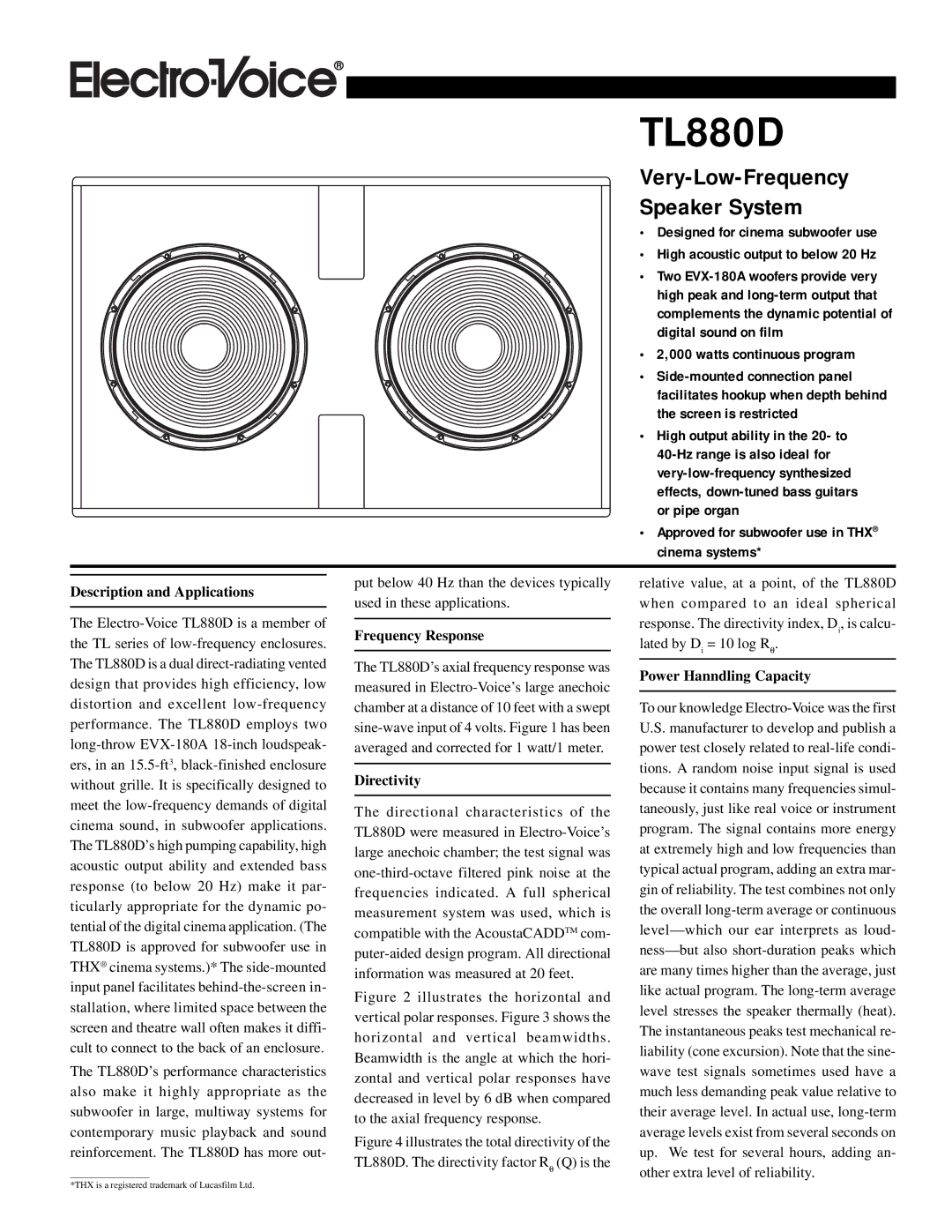 Electro-Voice TL880D manual Description and Applications, Frequency Response, Power Hanndling Capacity, Directivity 