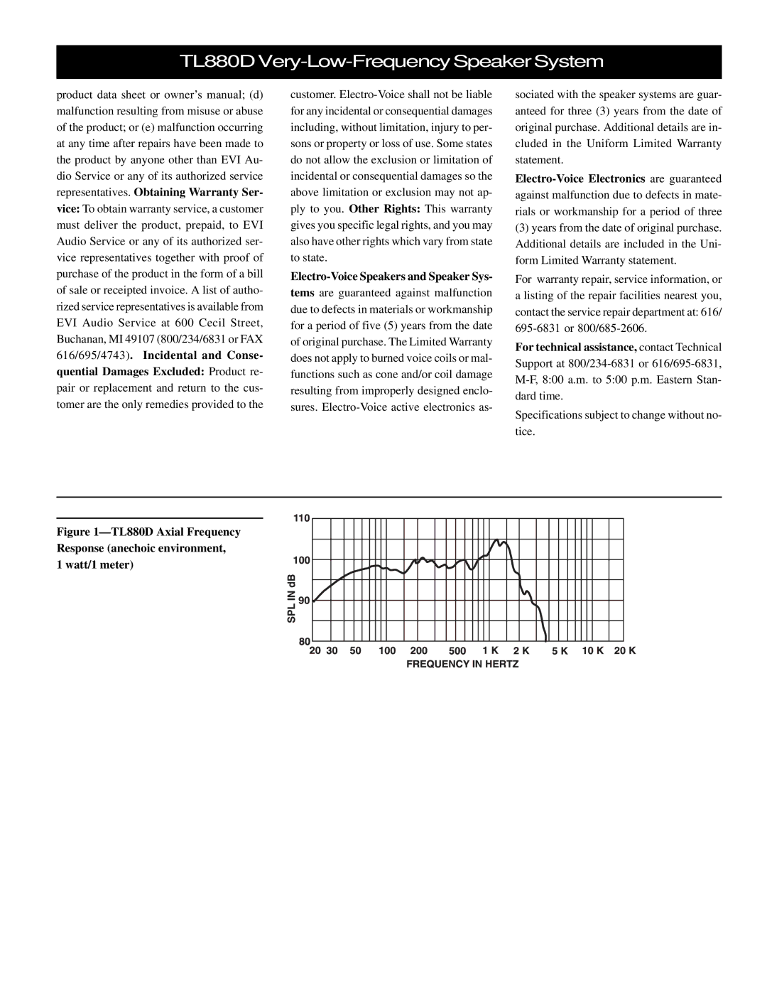 Electro-Voice TL880D manual Quential Damages Excluded Product re, Electro-Voice Speakers and Speaker Sys, Watt/1 meter 