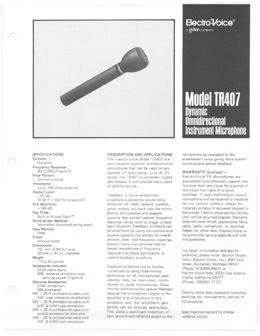 Electro-Voice TR407 manual 