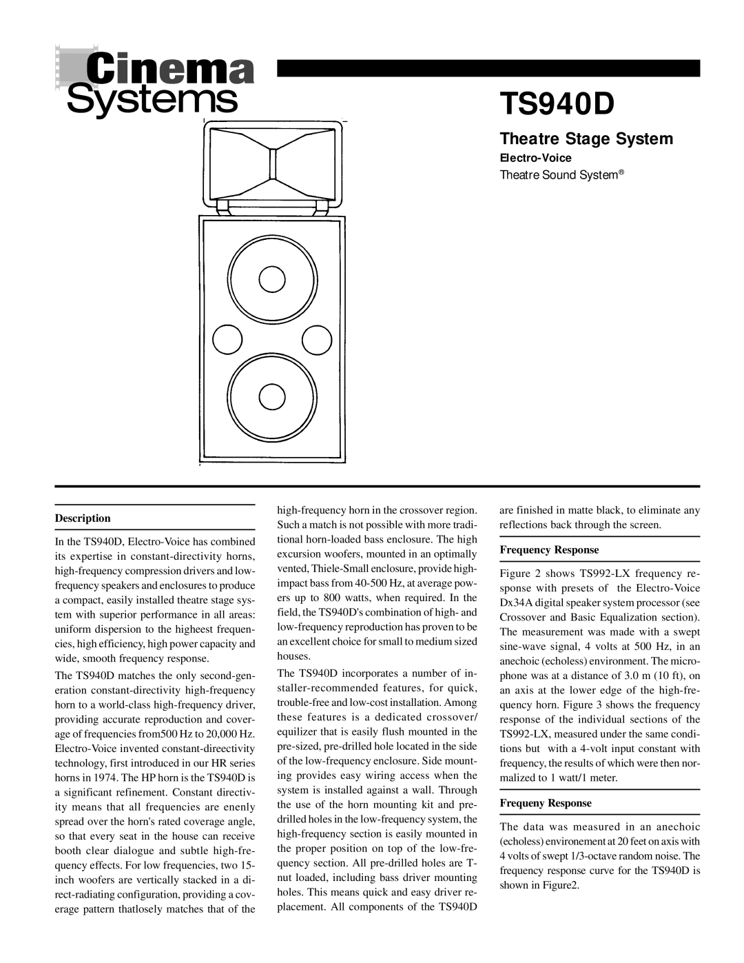 Electro-Voice TS940D manual Theatre Sound System, Description, Frequency Response, Frequeny Response 