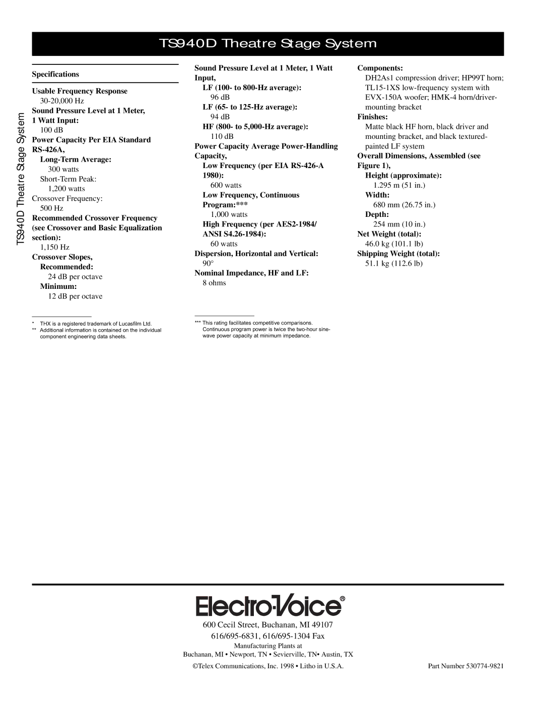 Electro-Voice TS940D Specifications Usable Frequency Response, Sound Pressure Level at 1 Meter Watt Input, Minimum, Width 