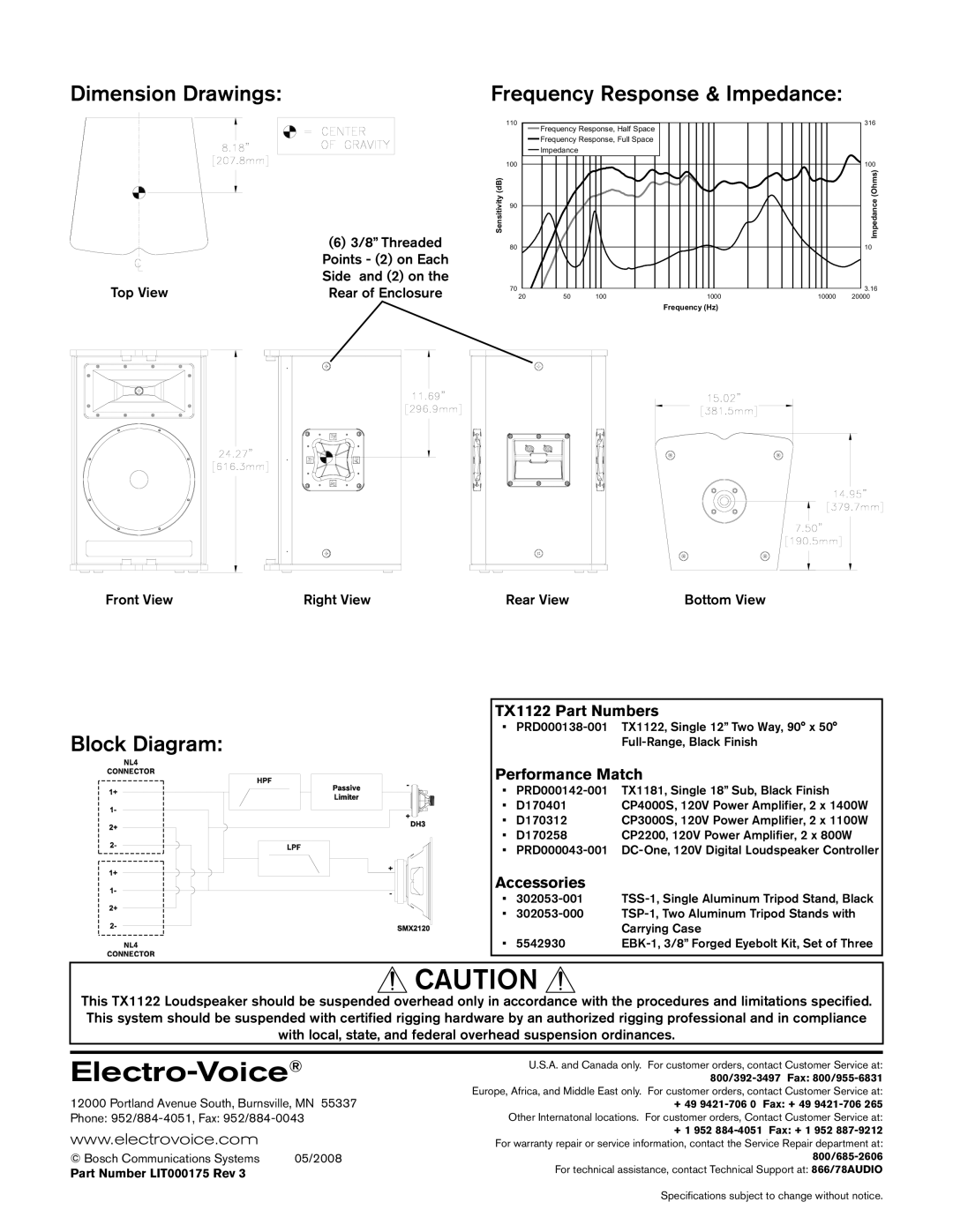 Electro-Voice TX1122FM Dimension Drawings, Block Diagram, TX1122 Part Numbers, Performance Match, Accessories 