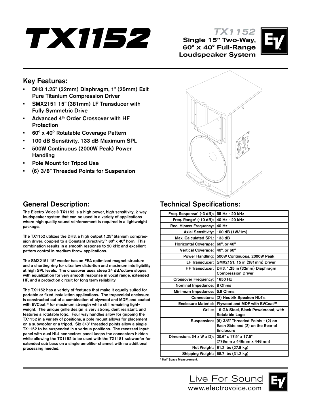 Electro-Voice TX1152 technical specifications Key Features, General Description, Technical Specifications 